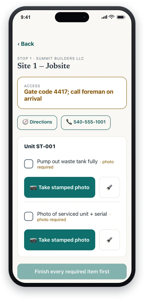 Recording a stop in the SwapProof driver app — a photo, timestamp, and GPS, captured offline.