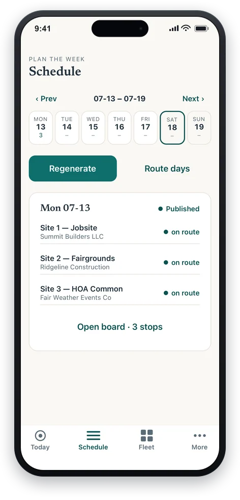 The schedule in the SwapProof app — a week of service days with their stop counts, one tap from each day's route board.