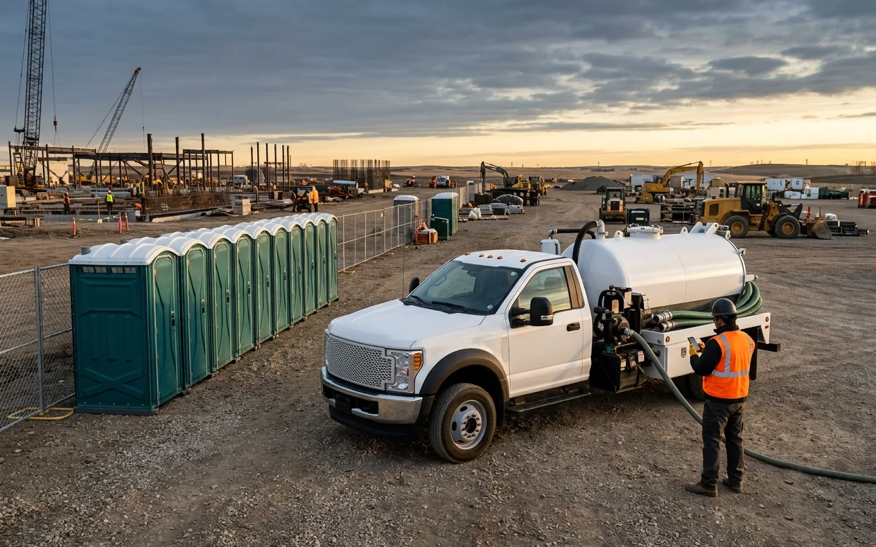 A white vacuum service truck parked beside a long row of green portable restrooms at a construction site at dusk, a hi-vis operator working the pump hose while cranes and earthmovers sit on the skyline behind.