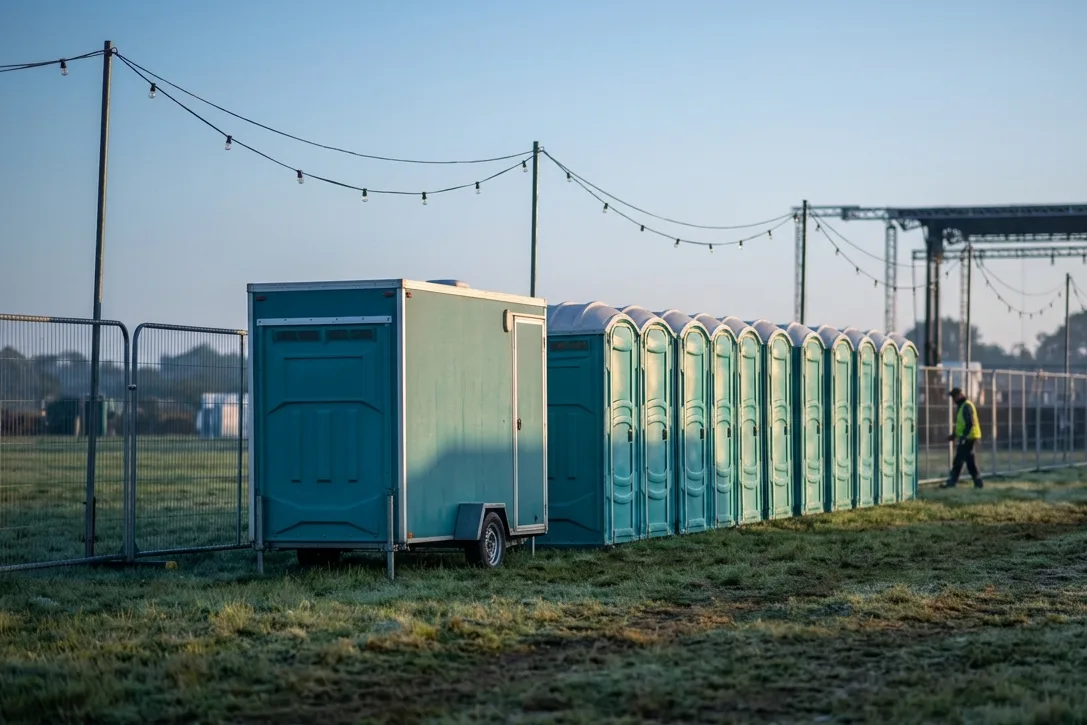 A row of pale-blue portable restrooms and a trailer-mounted restroom line a frosty event field at dawn, string lights and a stage rig strung overhead and an attendant walking the fence line.