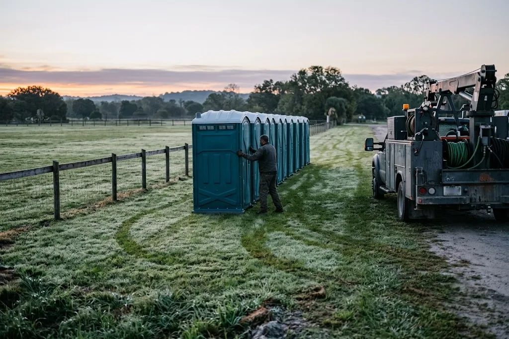 A fresh row of clean portable restroom units being placed along a grassy event perimeter beside a low fence at first light, a service truck at the edge.