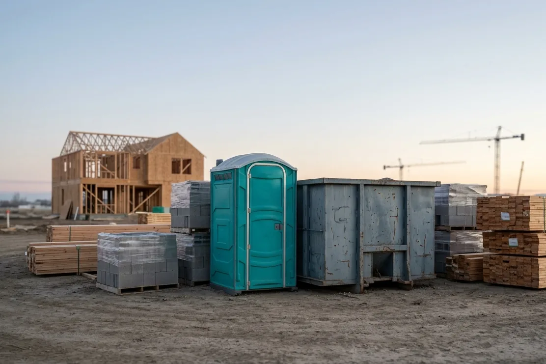 A single teal portable restroom stands among pallets of concrete block and stacks of framing lumber at a house-framing jobsite, a gray waste container beside it and tower cranes on the skyline.