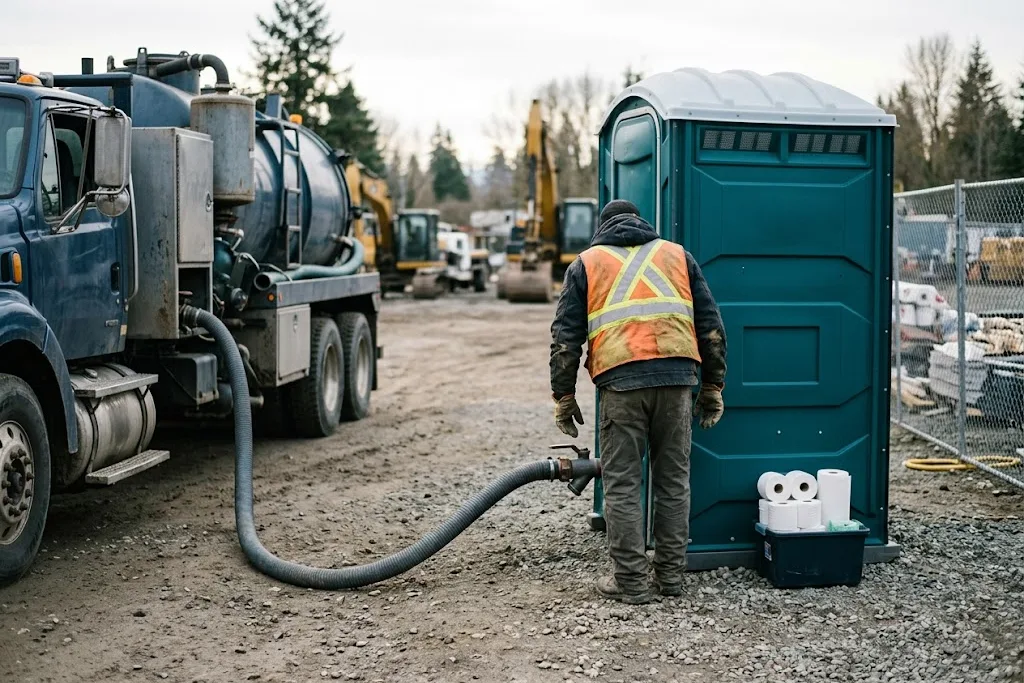 An operator in a hi-vis vest servicing a single portable restroom unit at a quiet site, a hose running from a vacuum truck’s tank in morning light.