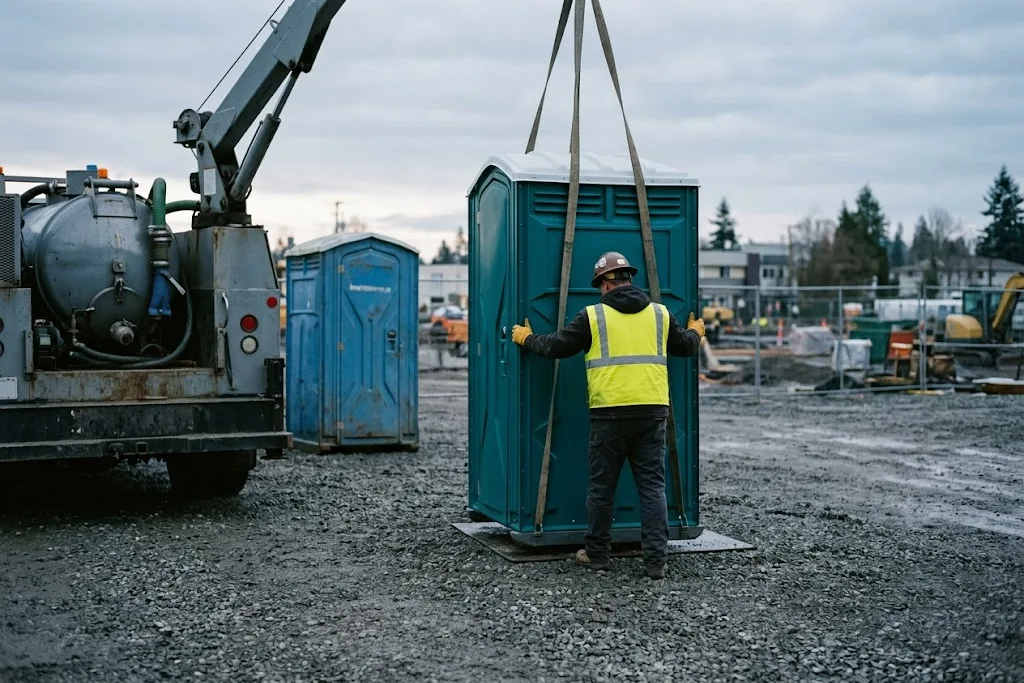 A clean portable restroom unit being set upright on gravel beside a pump-tank service truck at a job site, a gloved operator in a hi-vis vest steadying it in cool morning light.