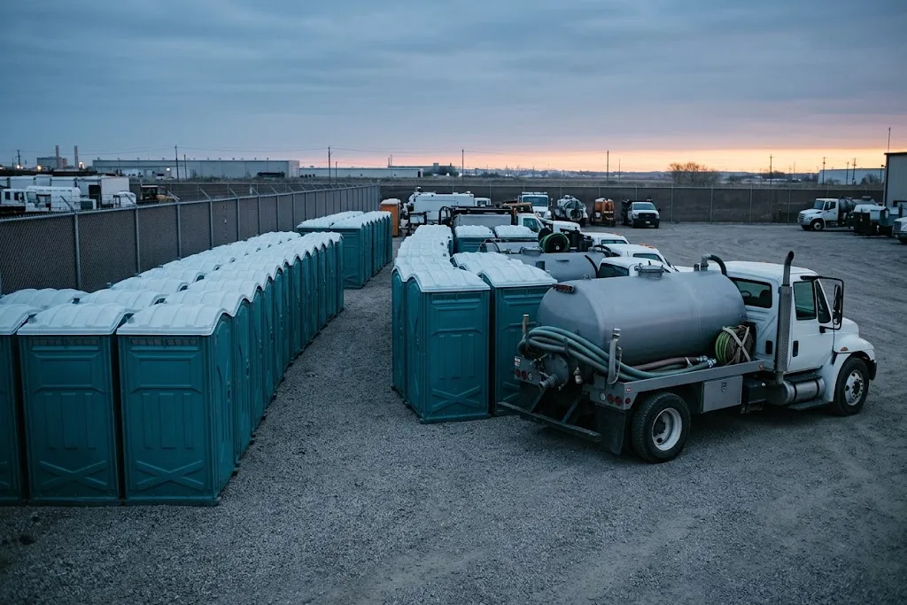 Neat rows of clean portable restroom units staged in a fenced service yard at dawn beside a vacuum service truck ready for the day’s route.