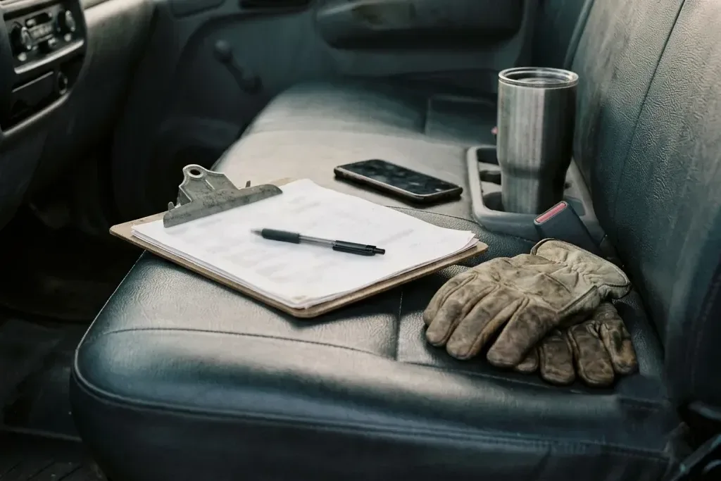 A clipboard of service paperwork with a pen rests on a truck's bench seat beside a phone, an insulated tumbler, and a pair of worn work gloves.