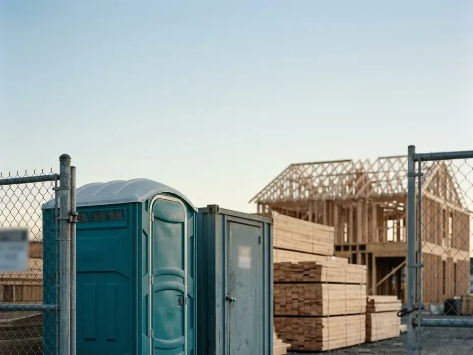 A teal portable restroom and a storage container sit just inside a chain-link site gate, a half-framed house and stacked lumber behind them in golden-hour light.