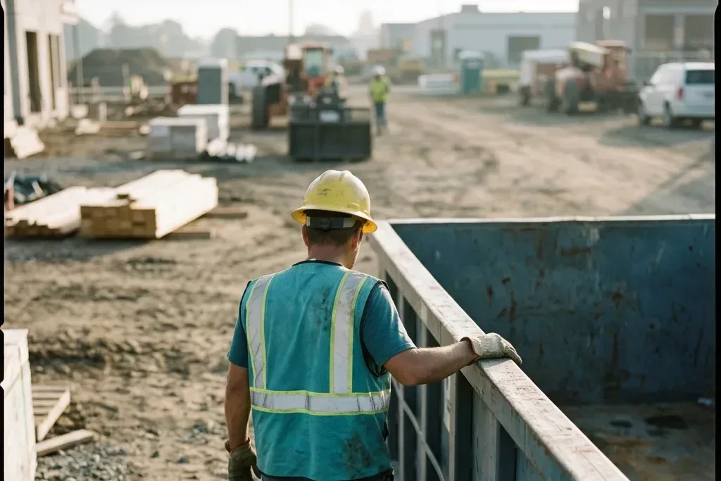 A worker in a hi-vis vest and hard hat stands at the edge of a busy construction lot, a steel container beside him and trucks, a loader, and stacked lumber spread across the site behind.