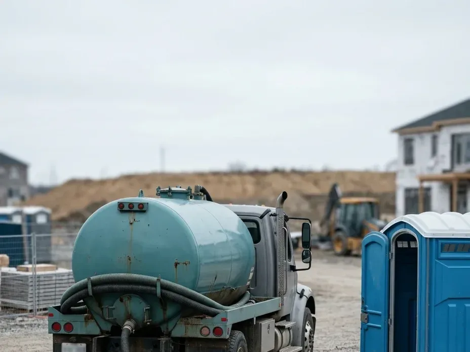 A vacuum tank truck parked on a gravel construction lot with a blue portable restroom beside it, a backhoe at work and houses under construction in the background.